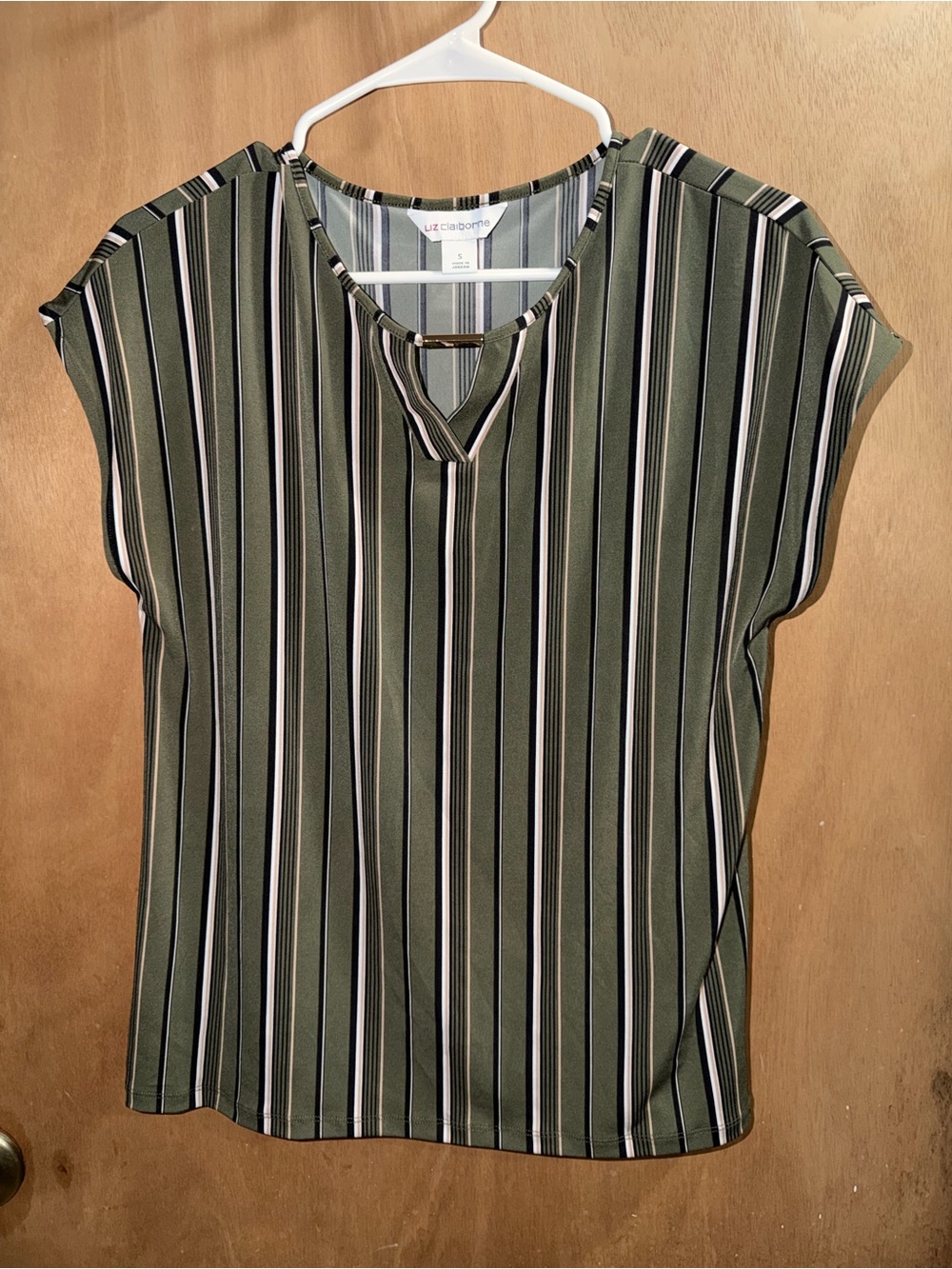 Liz Claiborne Olive & Black Striped Notch Neck Cap Sleeve Top